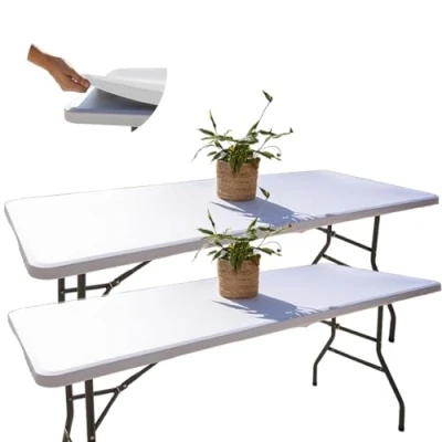 Imagen de Glop 2 Manteles Mesa Rectangular 182x76, Tela Blanco Elástico, Ajustable, Repelente al Agua, Antiarrugas, Ideal para Exterior, Jardín, Camping y Ajuste Elastico Funda Plegable, Resistente