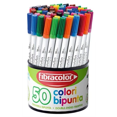 Imagen de FIBRACOLOR rotuladores Bipunta, bote de 50 en colores diferentes, punta cónica y fina, doble trazo escritura, superlavables