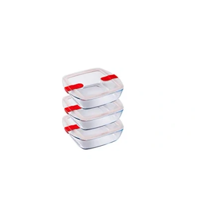 Imagen de Pyrex Cook &amp; Heat Juego de 3 alimentos cuadrados cristal 1 L con tapa hermética especial para microondas Cajas conservación