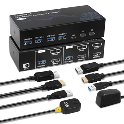 Imagen de TCNEWCL 4K 120Hz Switch KVM HDMI Displayport 2 PC Monitor 8K 60Hz Conmutador DP 1.4 2.1 USB 3.0 Doble Monitor, Soporta Modo Extendido y Copia, con Controlador Cable Cables HDMI+DP+USB