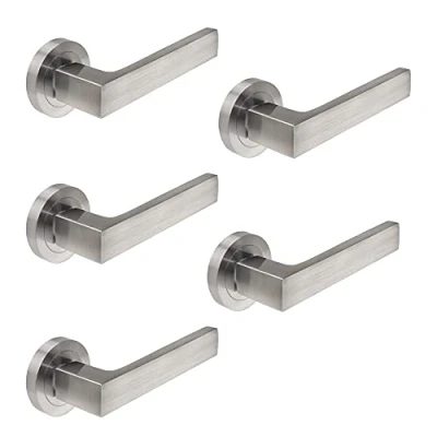 Imagen de EMUCA Manetas para puertas de interior, lote 5 juegos manillas puerta paso con roseta D.50 mm, Aluminio, Níquel satinado.