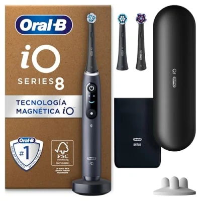 Imagen de Oral B iO 8N Cepillo de Dientes Eléctrico con Mango Recargable, 3 Cabezales y Estuche Viaje, Diseñado por Braun, Regalos Originales para Mujer Hombre Negro