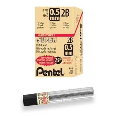 Imagen de Pentel Recambio de plomo Super Hi Polímero, 0,5 mm, fino, 2B, 144 piezas (C505 2B)