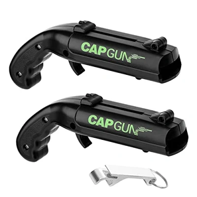 Imagen de Cap Gun abridor de botellas 2 paquetes cerveza, botella divertida, cierre botella, pistola lanzador, tapa cerveza para el hogar, bar, fiesta, Navidad, color negro