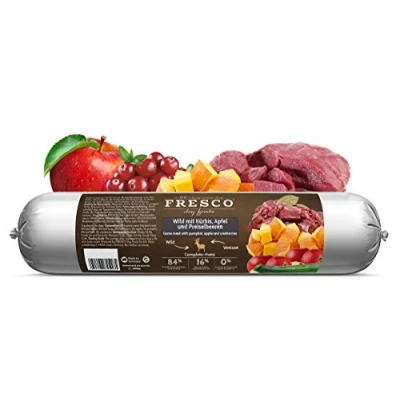 Imagen de Fresco Dog Salchicha Barf Wild con calabaza, manzana y arándanos cocido al vapor suave saludable natural sin aditivos artificiales