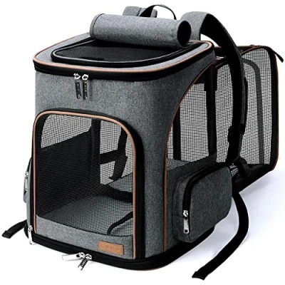 Imagen de Lekesky mochila extensible para gatos y perros pequeños, plegable mascotas con correa de seguridad interior 2 alfombrillas mascotas, gris, M, BP21059