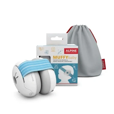 Imagen de Alpine Muffy Baby Protectores auditivos para bebés y niños pequeños de 12 a 36 meses Protección contra el ruido Evita daños Mejora sueño sobre la marcha Ajuste cómodo Azul
