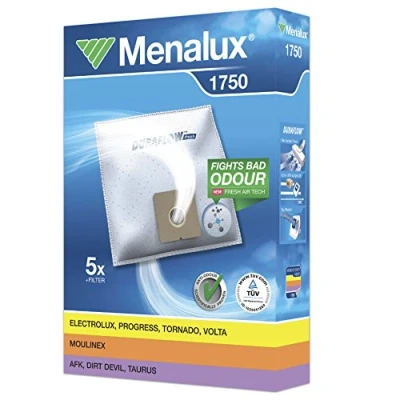 Imagen de Menalux 1750 Pack de 5 bolsas sintéticas y 1 filtro para aspiradoras Clatronic, Dirt Devil Cooper, Solac Piccolo, Taurus Micra Auris, Tristar Ufesa