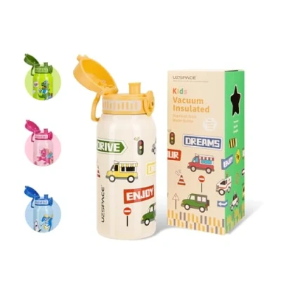 Imagen de UZSPACE botella de agua acero inoxidable para niños, a prueba fugas, 550 ml, escuela, guardería, doble pared aislada con una sola mano, deporte