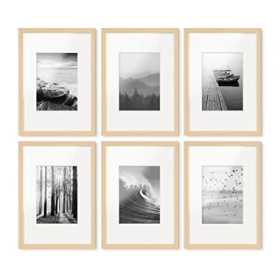 Imagen de PHOTOLINI marcos A4 21x30 cm madera MDF natural, set de 6 para pósteres con paspartú 13x18 cm, cristal acrílico, colgar y poner pie, incluye accesorios fotos, láminas