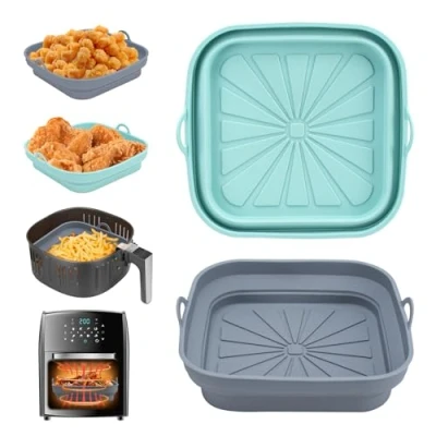 Imagen de Alyvisun 2 Piezas Bandeja Accesorios para Freidora sin Aceite Reutilizable Recipientes Cuadrado Cesta Utensilios Air Fryer, Microondas, Horno, Silicona, Azul+Gris