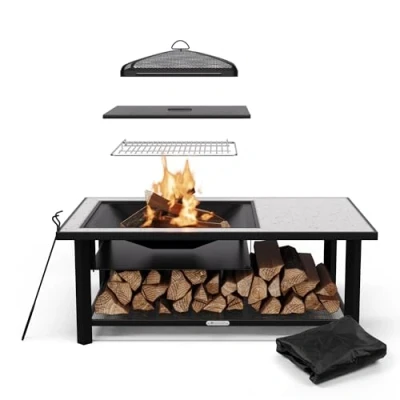 Imagen de Blumfeldt Merano Avanzato brasero Exterior 3 en 1 Hoguera, Barbacoa y Mesa con Parrilla, 122x87cm, Acero Robusto, Tablero de terrazo, Incluye atizador Protector contra chispas, Negro