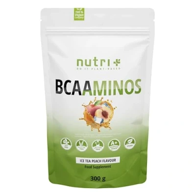 Imagen de BCAA en Polvo Instantáneo Vegano Alta Dosis de Aminoácidos L Leucina Isoleucina Valina 2:1:1 Amino Acid Mix Nutri Plus Sabor Té Helado Melocotón 300g