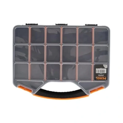 Imagen de Perel Caja de almacenamiento, máx. 20 compartimentos, 16 separadores, transparente, cubierta apilable, 326 x 257 48 mm, negro/amarillo