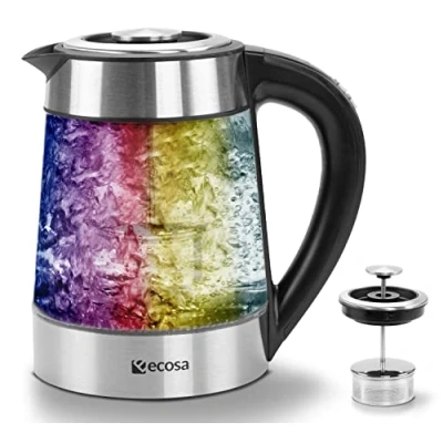 Imagen de Hervidor de agua cristal con colador té y filtro cal, 1,7 litros, ajuste temperatura 40 C a 100 C, 2200 W, acero inoxidable selección temperatura, 100% libre BPA, función