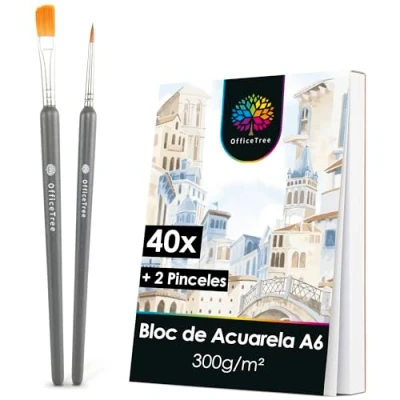 Imagen de OfficeTree 40x Papel Acuarela A6 300g con 2x Pinceles Folios una Cara Lisa y Áspera 300gr Bloc Watercolour Paper Hojas de para