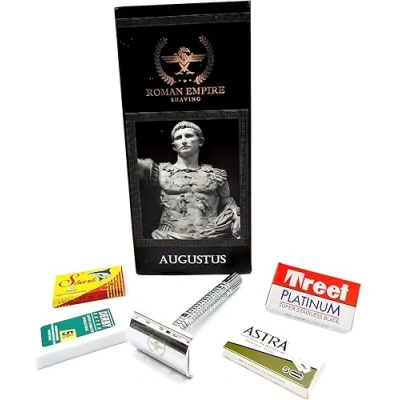 Imagen de Afeitadora de seguridad doble hilo Augustus Roman Empire Shaving clásica Safety Razor acero con juego 20 cuchillas afeitar