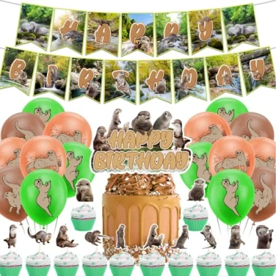 Imagen de decoración de fiesta nutria, accesorios para fiestas incluye pancarta feliz cumpleaños, tartas, adornos cupcakes, globos decoraciones cumpleaños nutria