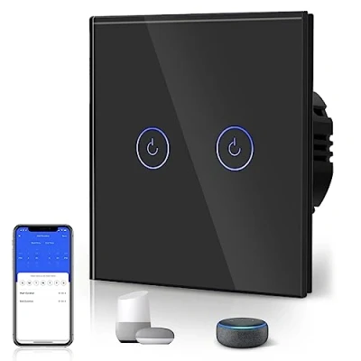 Imagen de BSEED Interruptor de Luz Táctil Inteligente WIFI, Pared con Panel Cristal Compatible Alexa/Tuya/Smart Life (Requiere Cable Neutro) 2 Gang 1 Vía Negro