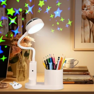 Imagen de Zaxiva Lámpara de Escritorio para Niños, Regulable Flexo Led Escritorio, Lamparas Sin Cables Noche con Proyector Estrellasy Portalapices, Luz USB Recargable Lectura, Estudio