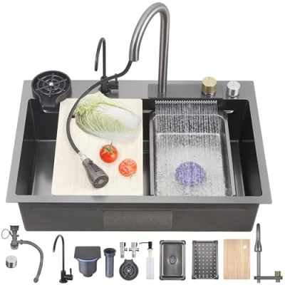 Imagen de Ribanedy fregadero cascada multifuncional 68 x 45 cm,fregadero cocina 1 seno inoxidable con grifo de carga superior multifuncional, lavavasos y juego accesorios para