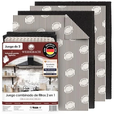 Imagen de WEIDEBACH® 2 filtros en 1 para campanas extractoras con carbón activo y filtro de grasa, 57 x 47 cm [recortables] solo 1,2 grosor campana extractora, combinado