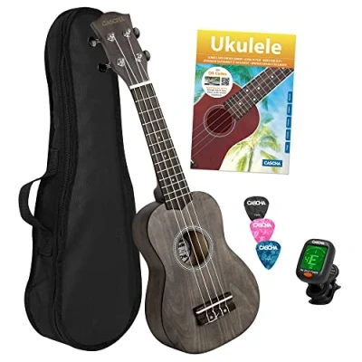 Imagen de Cascha Ukelele soprano para niños y adultos I Starter Kit con 3 púas, funda, libro de aprendizaje, vídeo aprendizaje sobre código QR, afinador cuerdas nailon pequeña Hawaii negro