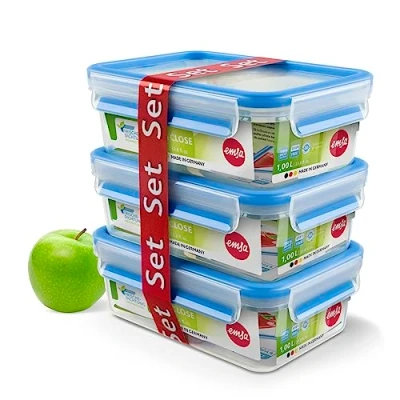 Imagen de Emsa Clip&amp;Close Set de 3 Conservadores Herméticos Plástico Rectangular 1 L (18.8 x 5.8 11.9 cm), higiénico, no retiene olores ni sabores 100% libre BPA, Color Transparente Y Azul