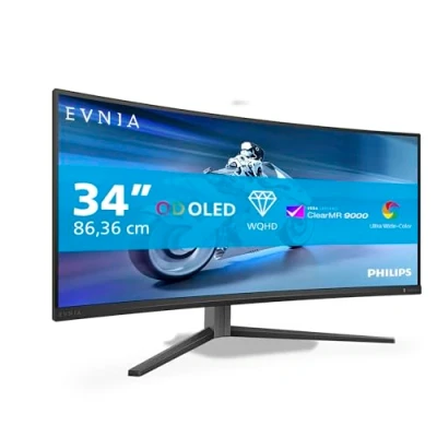 Imagen de Philips Evnia 34M2C6500 Monitor Curvo OLED WQHD de 34 Pulgadas, 175 Hz, 0,03 ms, HDR400, Ambiglow, FreeSync Premium Pro, G Sync Comp. (3440x1440, 2X HDMI, DisplayPort, concentrador USB) Gris Oscuro