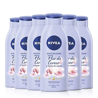 Imagen de NIVEA Aceite en loción Flor de Cerezo &amp; Jojoba pack 6 (6 x 400 ml), corporal rápida absorción, para el cuidado la piel seca y normal