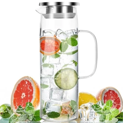 Imagen de hervidor de vidrio 1,5 litros, botella agua con tapa hermética acero inoxidable, transparente resistente al calor, jarra cristal tapa,apto para fría, caliente y zumo