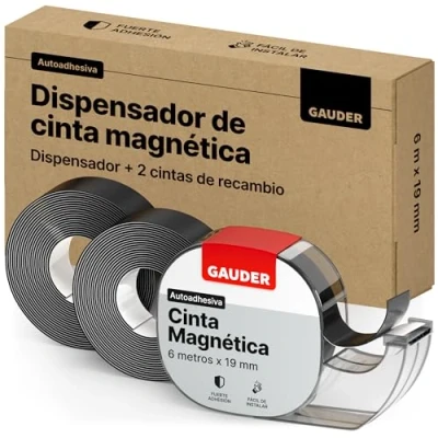 Imagen de GAUDER Cinta Magnética Autoadhesiva en Dispensador 1 + 2 Tiras Magnéticas Finas Autoadhesivas Banda (6 m)
