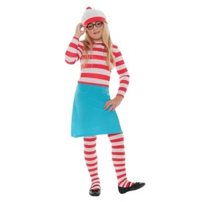 Imagen de Smiffys Disfraz infantil de Wenda ¿Dónde está Wally?, Rojo y blanco, con gorro, parte arriba, falda, gafas medias