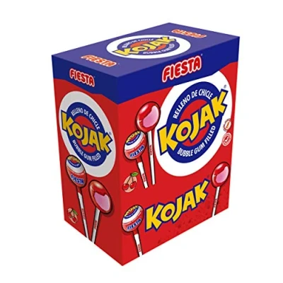 Imagen de FIESTA Kojak Caramelo con Palo Sabor Cereza Relleno de Chicle Caja 100 unidades