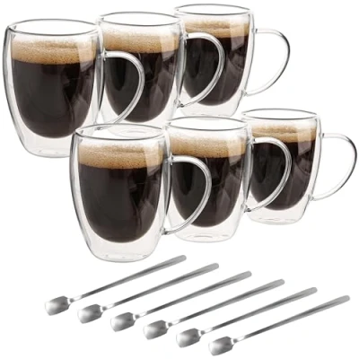 Imagen de Belle Vous Pack de 6 Tazas Cafe con Pared Doble 350 ml Cristal Asa Vidrio Borosilicato Resistente al Calor Te, Café, Capuchino y Late