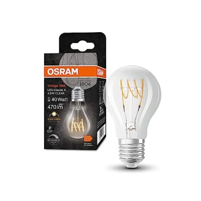 Imagen de OSRAM Lámpara LED Vintage 1906 Classic A FIL, E27, bombilla, transparente, 4,8 W, 470 lm, 2700 K, luz blanca cálida, regulable, filamento delgado, optimo consumo de energía, larga duración