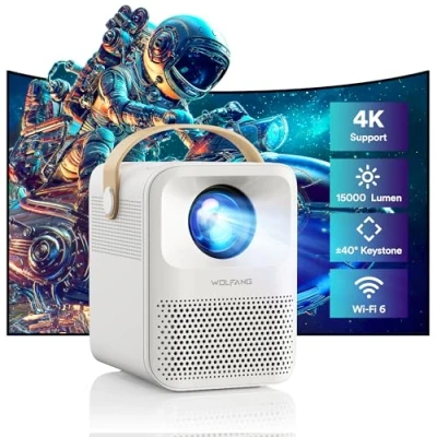 Imagen de Proyector Portátil, WOLFANG 4K Soporte, Mini Portátil 5G WiFi Bluetooth, Full HD 1080P Nativo, 12000 Lúmenes, para Movil/Teléfono/PC/PS4/TV Stick/HDMI, Ideal Niños como Regalo