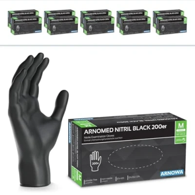 Imagen de ARNOMED guantes nitrilo negros talla M, 2000 unidades (10 cajas con 200 uds.), S, L, XL, desechables, guante desechable sin polvo, de goma látex