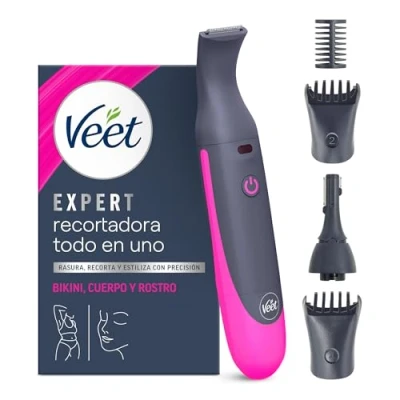 Imagen de Veet Recortadora Todo en Uno, Bikini y Cuerpo Completo, Cara Cejas, Rasuradora Mujer Zona Íntima Resistente al Agua, con 2 Cabezales 4 Peines para precisión, Cargador USB