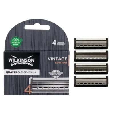 Imagen de Wilkinson Sword Cuchillas de Recambio Quattro Titanium Vintage Edition Pack 4 Recambios Para Hombre Compatible con las Maquinillas Afeitado Manual