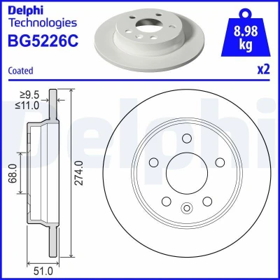 Imagen de DELPHI Disco de freno 11mm 5 macizo revestido sin procesar BG5226C 440A09225R Discos freno,