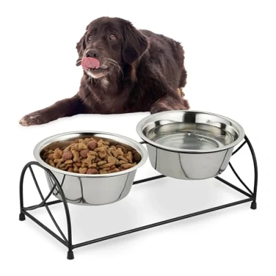 Imagen de Relaxdays Futterstation für Hunde Comedero Perros, Soporte para Cuencos Comida de Acero Inoxidable 2,2 L, Bebedero Mascotas, Negro/Plateado, Hierro, 15,5 x 42,5 19,5 cm
