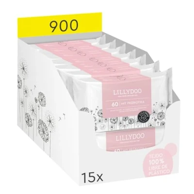 Imagen de Toallitas con prebióticos LILLYDOO, 900 unidades (15 x 60), tejido 100% libre de plástico, sin perfumes (FSC Mix)