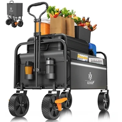 Imagen de KESSER® carro de mano plegable con capacidad carga máxima 150 kg y neumáticos PVC 360, incluye 2 bolsillos red, bolsillo lateral cubierta, transporte para jardín sin techo