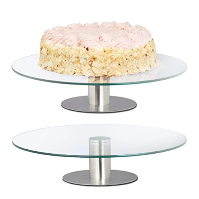 Imagen de Relaxdays 2 Platos Giratorio de Cristal para Tartas, Soporte Pasteles, Cupcakes, Expositor Pie Acero, 30cm, Transparente