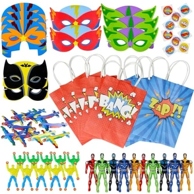 Imagen de THE TWIDDLERS 10 Bolsas de Fiesta superhéroes con Rellenos Incluyen Varios Juguetes Máscaras, Tatuajes Pegatinas, avioncitos Recuerdos Fiestas y