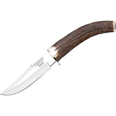 Imagen de Joker Cuchillo de caza Luchadera CC71, con mango asta ciervo, hoja 11 cm, contiene funda cuero color marrón, Herramienta pesca, caza, camping y senderismo