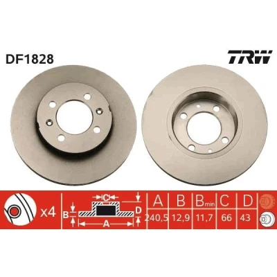 Imagen de TRW DF1828 Disco de freno 240,5 12,9 4 95 macizo barnizado con tornillos AUSTIN: Montego Berlina