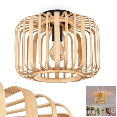 Imagen de Lámpara de techo Mongolia, metal en negro, con pantalla bambú/madera, 1 luz, casquillo E27, Luz moderna, sin bombilla(s)