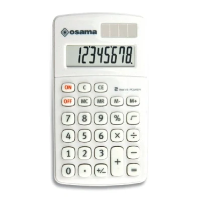 Imagen de Osama, Big Display Calculadora Pequeña de Bolsillo, 8 Cifras + Pantalla LCD Soft Touch Ideal como Accesorios y Material Oficina, Escolar Papeleria a Energía Solar, 8.5x1x1 cm, Blanco